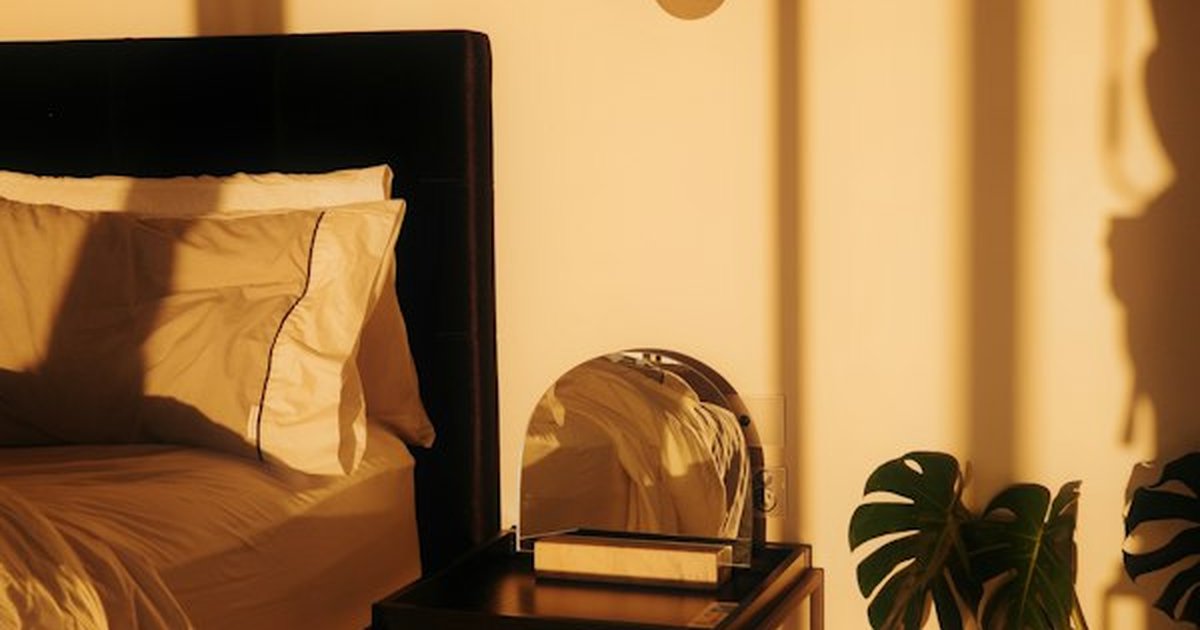 Warm 2200K amber evening bedside lamp glowing softly beside cozy bed and potted indoor monstera at dusk